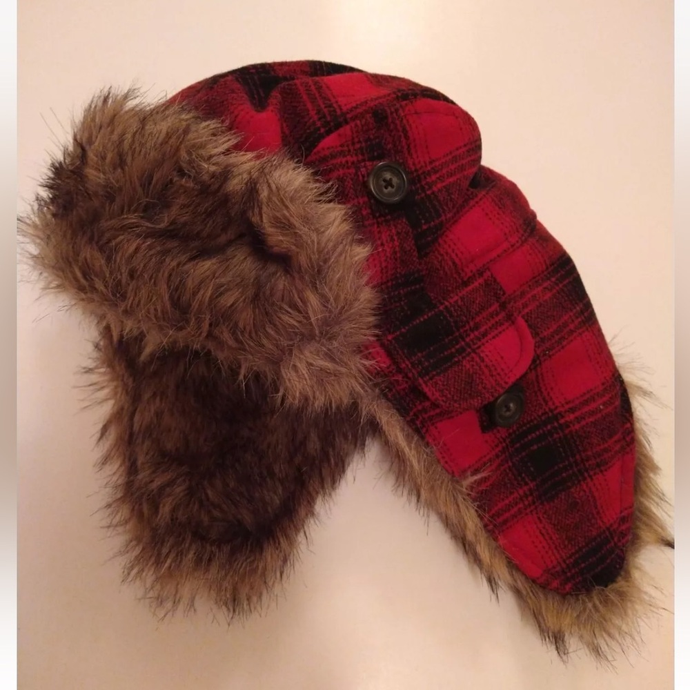 American Eagle Adults Red Plaid Faux Fur Lined Wool Blend Trapper Hat One Size
